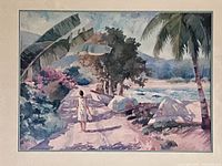 Full view of print showing a woman walking on a shore path surrounded by trees and boats.