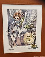 Front view of the signed and numbered lithograph showing Pegasus, child, turtle and frog flying over moon with matting