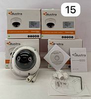 One Illustra mini-dome camera with accessories arranged in front of four stacked boxes.