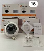 One Illustra Essentials IP Varifocal Mini-Dome Camera out of box with dome visible, cables extending from housing, two discs, quick start guide booklet, mounting screws, template, and Allen wrench laid out.