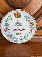 Front view of plate showing hand-painted Canadian flowers and gold trim