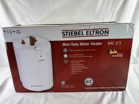 Box of Stiebel Eltron Mini-Tank Water Heater SHC 2.5 showing specifications and branding