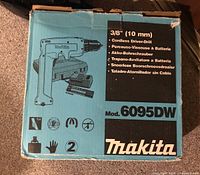 Front and top views of Makita 6095DW cordless driver-drill original packaging box showing model number, specifications and features.