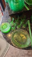 Top down view of green depression glass plates stacked, green footed glasses, small candle holder or bowl, and oval serving dish showing lace pattern details.