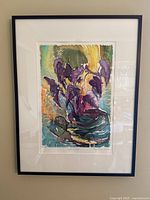 Full view of the framed silkscreen print showing colorful abstract plant design with purple, green and yellow colors.