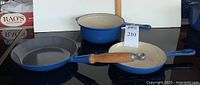 Group view of all three pans: #22 saucepan, #23 skillet, #23 Alpine fry pan with wood handle