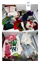 Two stacked images showing an assortment of vintage handkerchiefs and scarves with intricate embroidery and colorful designs.