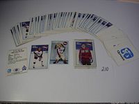 Spread out collection of approximately 210 Peterborough Petes hockey cards, mostly face up, showing various players and team mascot.