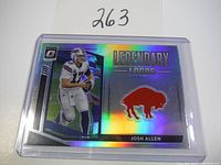 Front side of the 2021 Josh Allen Optic Holo Legendary Logos football card featuring Josh Allen and holographic Buffalo Bills logo.