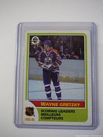 Front of trading card showing Wayne Gretzky in Edmonton Oilers uniform with 'Scoring Leaders Meilleurs Compteurs' title for 1985-86 season