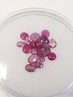 Loose ruby gemstones displayed in a round clear container on white background, showing a variety of cuts and pink to deep red colors.