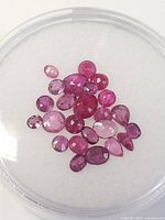 Top-down view of approximately 27 loose rubies of various shapes and pink to red hues in a clear round container.