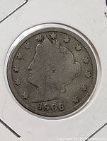 Obverse of 1906 Liberty Head nickel showing Liberty profile and date