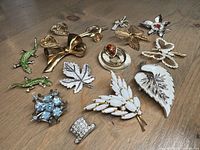 Overview of all brooches laid out on wooden surface showing various designs and styles including enameled lizards, leaf shapes, butterflies, and rhinestone pieces.