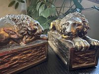 Close-up of two brass or bronze lion bookends resting on a dark surface with plants in the background.