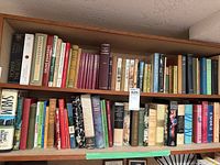 Full view of two shelves packed with a variety of books including classic literature, reference titles, and other assorted genres.