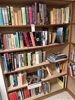 Full view of multiple shelves filled with hardcover and paperback history books, titles visible related to world history, Nazi era studies, and others.