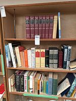 Full view of several shelves filled with assorted books including history, wildlife, and academic texts.