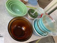 Overall view of assorted bowls and casserole dish