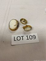 Cameo brooch and two clip-on earrings on beige fabric, with lot number card