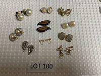Top view of 10 pairs clip on earrings arranged on white textured surface with lot tag 'LOT 100'. Various designs shown clearly for identification.