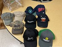 Nine men's baseball style caps arranged on a table showing various logos and colors.