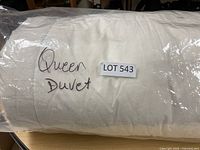 Queen size duvet rolled and wrapped in clear plastic bag, labeled "Queen Duvet".