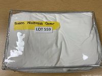 Photo of the packaged queen mattress cover showing label and packaging.