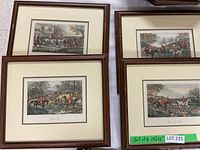 Four framed hunting prints arranged showing their scenes and frames.
