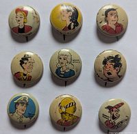 Nine vintage Kellogg's Pep cartoon character buttons arranged in three rows of three on a white background. Each 3/4 inch button has distinct characters with text labels such as Sally Sweetheart, Winnie Winkle, Smilin' Jack, and Smokey Stover.