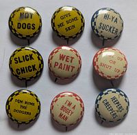 Photo of all nine vintage Kellogg's Pep cereal box buttons arranged in a 3x3 grid showing text on each button clearly.