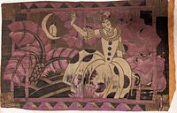 Full view of vintage textile panel showing Art Deco woman figure, bird on crescent moon, and abstract foliage in purple and brown hues.