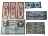 Seven banknotes arranged in two rows: three red Chinese, one blue Chinese, one CSA $20, one Polish 1000 mark, one Russian 3 rubles