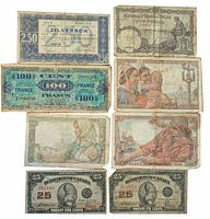 Image showing two 1923 Dominion of Canada 25 cent notes and various European banknotes including Belgium, France, and Netherlands from the 1930s-1940s in used condition with wear and creases.