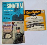 Three 45 RPM records with covers featuring Frank Sinatra, Dean Martin and Elvis Presley are shown.