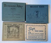 Four boxed vintage photo souvenir collections with titles for Westminster Abbey, Warwick Castle, Buckfast Abbey, and Lynton & Lynmouth arranged side-by-side showing original packaging.