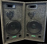 Pair of Grafdale speakers with grey carpet covering, showing front view of both speakers with visible woofers, midrange and horn tweeters, and bass ports.