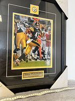 Close view of framed photo showing Troy Polamalu running in Steelers uniform with team logo and name plaque.