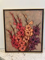 Front view of framed oil painting showing colorful gladiolus flowers on textured background.