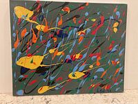 Full view of abstract acrylic painting on canvas with colorful splashes on olive-green background signed 'kme 98' in black at bottom right.