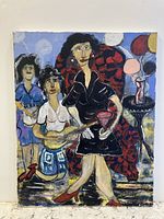 Full view of the signed acrylic painting showing three women in an abstract style with a guitar and bold colors.