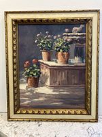 Full view of the framed oil painting showing geraniums in terracotta pots on a stone ledge with a sheep sculpture and shadows.