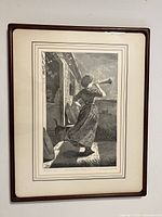 Framed black and white engraving print titled 'Good Bye, Old Glory' showing a woman blowing a horn and a donkey in front of a house.