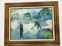 Front view of oil on canvas painting signed by Lou Burnett, featuring two people working outdoors, framed in gold ornamental frame.