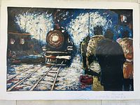 Full view of lithograph showing a train and passengers at a station, signed and numbered lower right