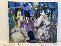 Photo of colorful expressionist style painting showing figures and horses in a lively urban or festive scene.