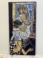 Photo showing abstract painting by Ed Leaman with two figures and a stringed instrument, colorful and expressive style.