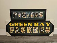 Framed Green Bay Packers collage prints, large and small, both with player photo letters spelling team name.