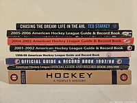 Stacked hockey books including AHL guide & record books from various years, Chasing the Dream by Ted Starkey, and Hockey: A People's History by McKinley.