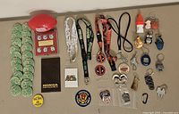 Overview of lot on a beige surface showing lanyards, pins, various keychains including figures and shapes, and small collectibles such as a Tamagotchi device.